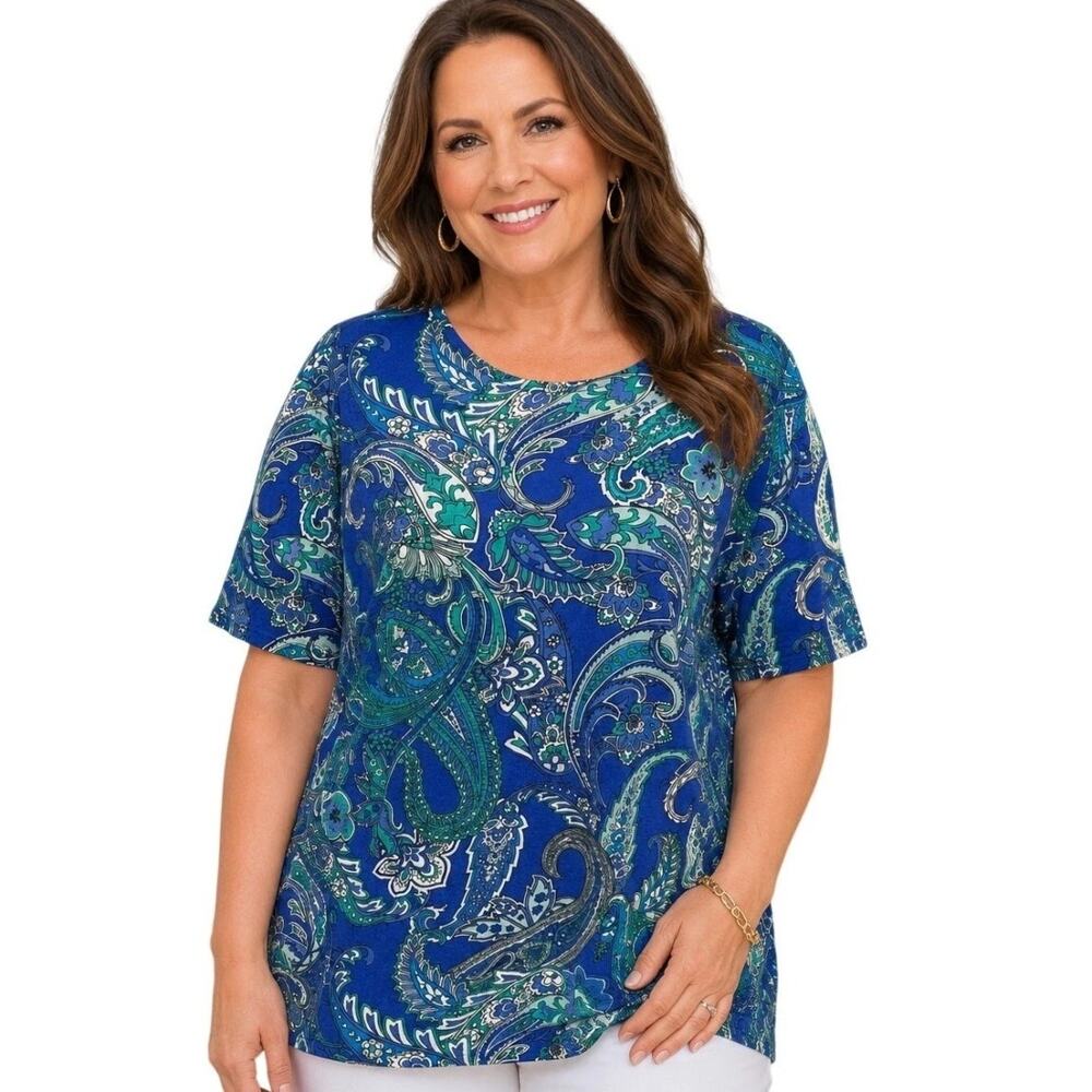 Lauren Ralph Lauren Paisley Tee Womens XL Blue Green Cotton Casual Preppy Top